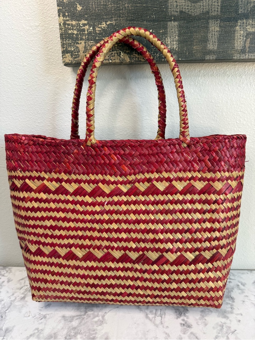 Woven Red and Natural Straw Lightweight handcrafted Tote Bag
